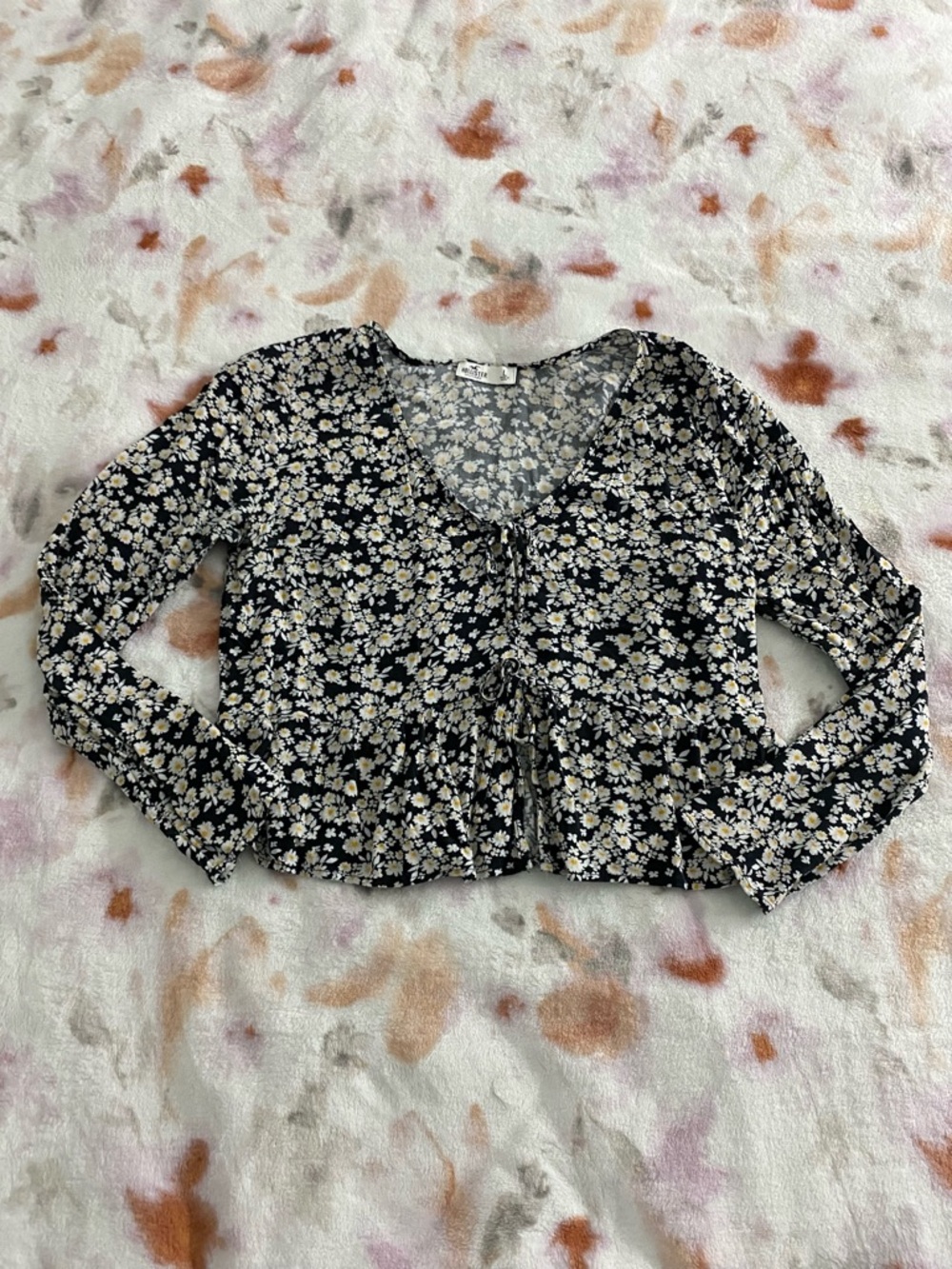 Hollister Black Floral Tie-Front Blouse with ruffle hem